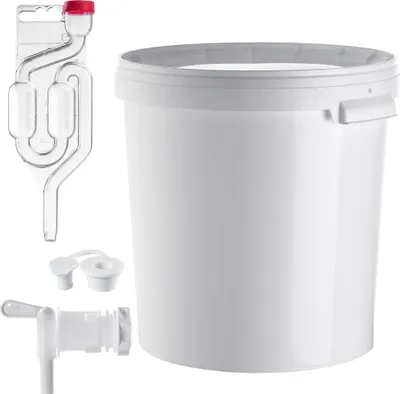 A white plastic bucket with a lid, a fermentation lock, a spigot, and stoppers, arranged on a white background.