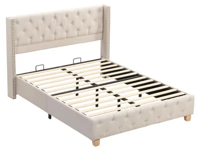Produktbild von Bettgestell mit Stoffbezug, 140x190 cm, Beige, Leinen – Lattenrost – Massive Holzfüße
