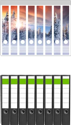 Produktbild von Wallario 8 Stück schmale Ordner inkl. Klebeetiketten mit Motive Sonnenaufgang  über  einen  Winterwald -  Set mit Rückenschildern / Ordnerrücken Stickern