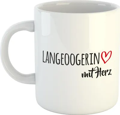 Produktbild von Huuraa Kaffeetasse Langeoogerin mit Herz 330ml Weiß Keramik Kaffeebecher Geschenkidee