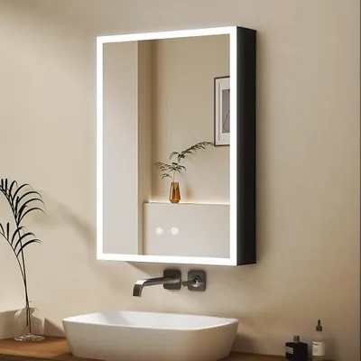 Obrázok produktu pre Zrkadlová skrinka s osvetlením, 40x60 cm, LED, skrinka do kúpeľne, stmívateľné LED osvetlenie, kúpeľňové zrkadlo, skrinka, lekárnička s funkciou proti zamlievaniu, sklenená polička