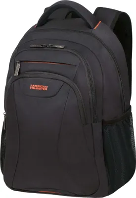 A black American Tourister backpack with orange accents.