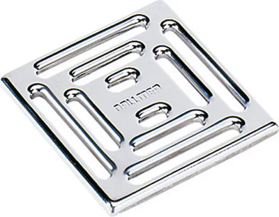 A square metal grate with a grid pattern and a brand name in the center, isolated on a white background.