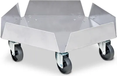 Produktbild von Aluminium-Tonnenroller mit verzinkten Lenkrollen und 5 schwarzen Kunststoffrädern Ø 75 mm, Tragkraft 250 kg