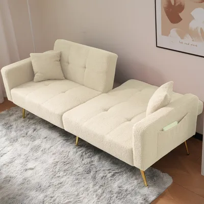 Image de OKWISH Canapé Droit Convertible - Avec Rangement Latéral 2 Places Tissu Sherpa Beige