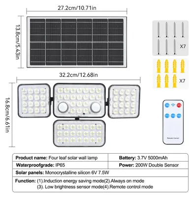 Immagine prodotto di Lampada solare da esterno - Faro LED - 292 LED - Sensore di movimento - Grado di protezione IP65 (resistente all'acqua) - Dimmerabile - Adatta per pareti e giardini