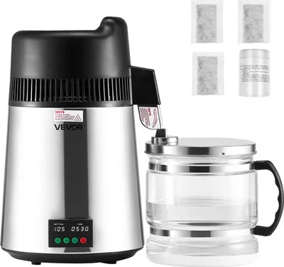 Productafbeelding van VEVOR waterdestilleerapparaat, 6 liter, met groter reinwaterfilter, 900W glazen destilleerapparaat, apparaat voor drinkwater met een roestvrijstalen binnenkamer voor het produceren van zuiver water, waterdestilleerder, zilverkleurig