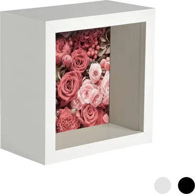A white cube-shaped photo frame with a floral print inside, shown against a white background.