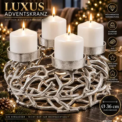 Produktbild von Adventskranz Ø36 cm Silber aus Aluguss – Kerzenhalter für 4 Kerzen bis Ø8 cm – Handgefertigter Weihnachtskranz aus Metall – Adventsdeko