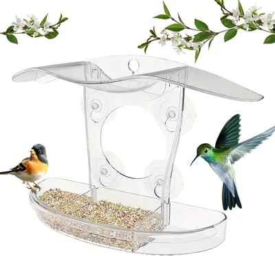 Produktbild von Vögel-Futterspender Vogelfutterstation, transparenter Acryl-Vogelfutterspender zum Aufhängen mit 4 Saugnäpfen, Papageienfresser für Vögel, Papageien,