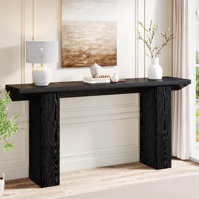 Image de Table console étroite de 160 cm, noire, en bois, idéale pour l'entrée, le couloir, le salon (derrière un canapé) ou une pièce
