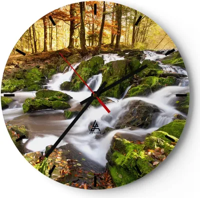 Produktbild von Wanduhr - Rund - Glasuhr - Sonne Berg Bach Park - 30x30cm - Schleichendes Uhrwerk - Lautlos - zum Aufhängen bereit - Dekoration Modern - Wanddekoration aus Glas - C3AR30x30-2636