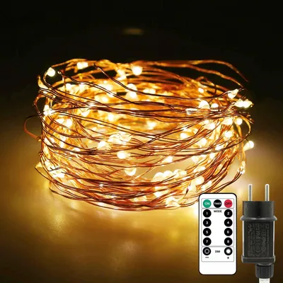 Zdjęcie produktu dla Światełka dekoracyjne do wnętrz - 10 metrów - 100 diod LED - Ciepła biel - Kabel miedziany - Wtyczka - Pilot - Timer - 8 trybów