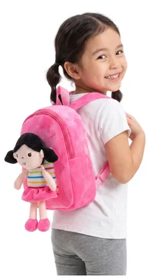 Image de Sac à dos enfant - Peluche rose avec poupée - Sac à dos maternelle léger - Sac à dos en peluche avec poupée amovible