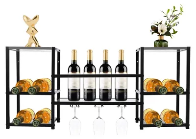Produktbild von Weinregal - 3 Ebenen - Für Wand- und Bodenmontage - Weinglashalter - MDF-Platte und Eisen - Für Hausbar und Küche