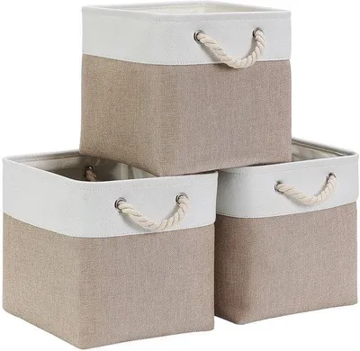 Produktbild von Ibenzoa® 3er-Set faltbare Stoff-Aufbewahrungsboxen 33 x 33 x 33 cm – Leinen/Vlies, Metallrahmen, geflochtene Baumwollgriffe, für Regale & Schränke