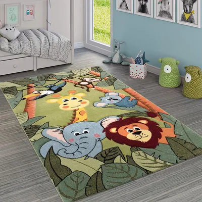 Produktbild von Kinderteppich Dschungel Kindermotiv Kinderzimmer schmutzabweisend Grün Rechteckig 80x150 | 100% Polypropylen | Florhöhe: 12 mm | pflegeleicht
