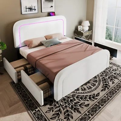 Produktbild von Abrihome Polsterbett aus Sherpa-Stoff mit LED und USB Typ-C Ladefunktion, 4 Schubladen, Höhenverstellbares Kopfteil, 140x200 cm, Weißes