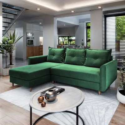Produktbild von Masseno Ecksofa PISAN R-S mit Schlaffunktion L-Form, Sofa mit Bettkasten, Wohnzimmersofa, Couch, Soffa, Bettsofa, Couchgarnitur- Grün, KRONOS 19