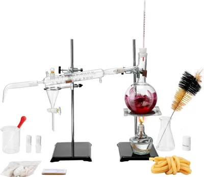 Produktbild von VEVOR Destillationsset für ätherische Öle, 500-ml-Destillationsgerät, 3,3-Boro-Laborglas-Destillationsset mit Alkohollampe, Keramiknetz und 24-, 40-Verbindung, 28-teiliges Set