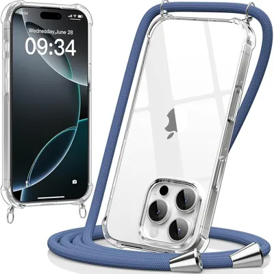 Obrázok produktu pre Puzdro na telefón s remienkom, kompatibilné s iPhone 16 Pro (6,3 palca), priehľadné, modré