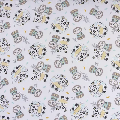 Produktbild von Baumwollstoff Meterware WONI Panda weiß braun türkis gelb grau 1,5m