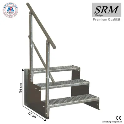 Obrázek produktu pro 3 stupně volně stojících schodů model 2 pozinkované schody ocelové schody výška stupně 18 cm, šířka 100 cm, výška 54 cm 1x zábradlí