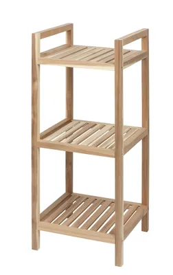A light brown, three-tiered wooden shelving unit against a white background.