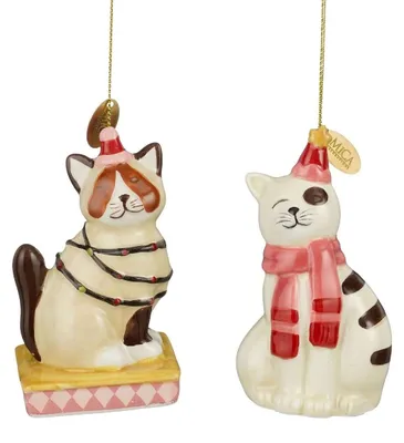 Image de Ensemble de décorations Mica Decorations, chat, marron et gris, 2 pièces - Ornements de Noël en dolomite avec ruban et bonnet - Décorations pour sapin de Noël - L 5,5 x l 5 x H 8,5 cm