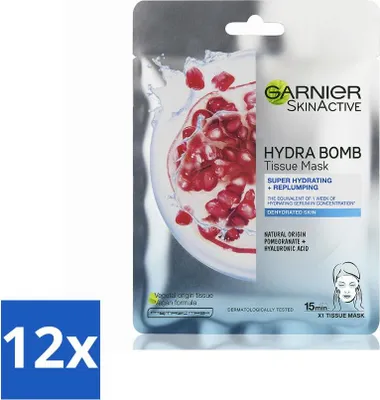 Image de Garnier - SkinActive - Hydra Bomb Sheet Mask - Grenade - Masque visage - 1 nettoyant visage - Pack avantage - 12 pièces