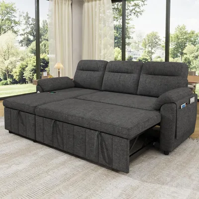 Produktbild von okwish L‑förmiges Sofa mit ausziehbarer Schlaffunktion, Ecksofa mit USB und Type‑C,Schlafsofa mit Stauraum,Chenille,Grau
