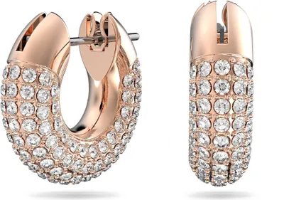 A pair of rose gold-toned hoop earrings encrusted with white crystals, presented against a white background.