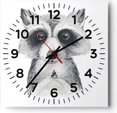 Produktbild von Wanduhr - Quadrat - Glasuhr - Waschbär Bild Kinder - 40x40cm - Schleichendes Uhrwerk - Lautlos - zum Aufhängen bereit - Dekoration Modern - Wanddekoration aus Glas - C4AC40x40-4607