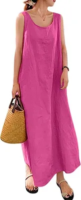 Produktbild von ASKSA Damen Ärmellose Sommerkleid Baumwolle Leinen Kleid Lang Freizeitkleid Locker Strandkleid mit Taschen, Rosa, L