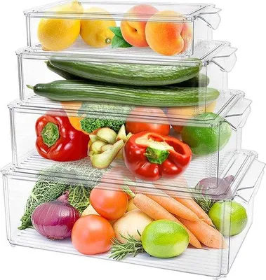 Immagine prodotto di Set di organizer per frigorifero Unyqoos® (4 pezzi) – contenitori trasparenti impilabili con coperchio, realizzati in plastica molto resistente, priva di BPA e cloro, ideali per frigorifero e cucina