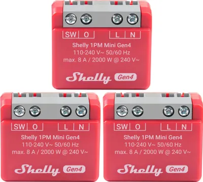 Produktbild von SHELLY Relais 1PM Mini Gen4, 8 A, WLAN, Bluetooth, rot, 3 Stück