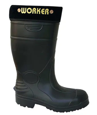 A black worker boot with a black cuff featuring the word "WORKER" in gold lettering.