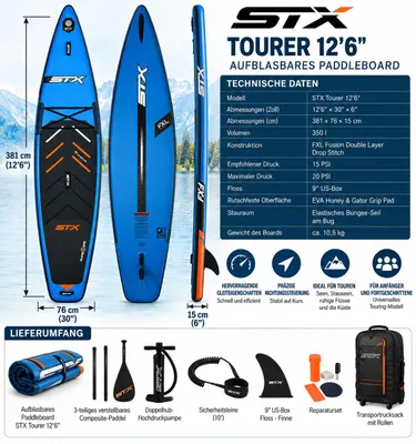 Obrázek produktu pro STX Tourer 12'6" nafukovací paddleboard, rozměry 381x76 cm, určený pro turistiku, včetně pádla