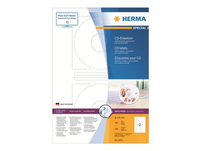 Image de Étiquettes HERMA pour CD, format A4, blanches mates opaques, 116 mm, 200 pièces