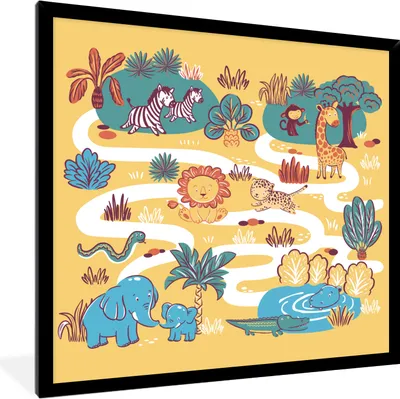 Produktbild von MuchoWow® Gerahmtes Poster Safari - Tiere - Kinder 40x40 cm - Poster mit Schwarzem Bilderrahmen Wandposter Rahmen Foto Bilder - Mit Rahmen - Wanddekoration Schlafzimmer