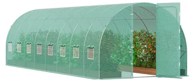 Productafbeelding van VEVOR instapbaar tunnelkas, 27,4 x 9,5 x 7,4 voet, foliekas-tunnel, plantenkweekkas met een frame van gegalvaniseerd staal, een groene PE-afdekking, een schuifdeur en 16 rolluiken