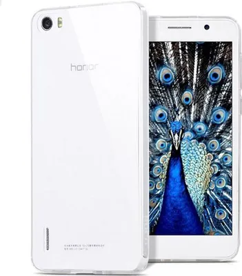 A white Huawei Honor 6 smartphone is shown with its back facing the viewer, and its front facing the viewer. The phone's screen displays a peacock.