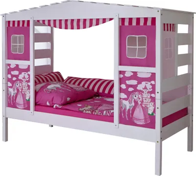 Produktbild von Hausbett Hochbett Spielbett Massivholz Kiefer Weiss Horse Pink