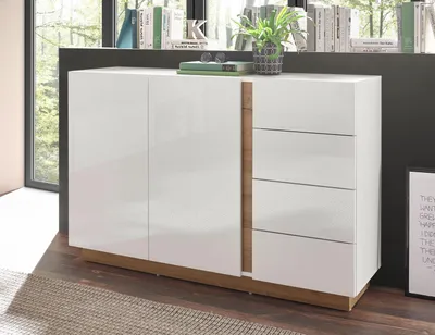 Productafbeelding van Clair dressoir/commode, 138 cm, wit glanzend, notenhoutkleur, zonder handgrepen