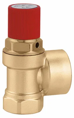 A close-up studio shot of a brass safety valve with a red cap.