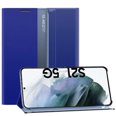 Immagine prodotto di Custodia Samsung Galaxy S21 FE 5G, Custodia sottile in pelle con finestra e supporto per Samsung Galaxy S21 FE 5G blu