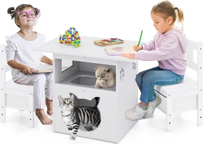 Produktbild von COSTWAY 3TLG. Kindertisch mit 2 Stühlen & Katzenhaus, Kindersitzgruppe mit 2 Stoffschubladen, Kinder Tisch Stuhl Set, Maltisch für kinder ab 3+, Weiß