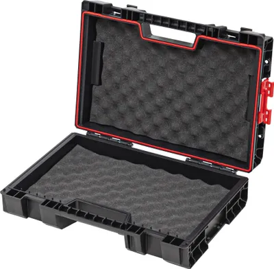 An open black tool case with red trim and foam padding.