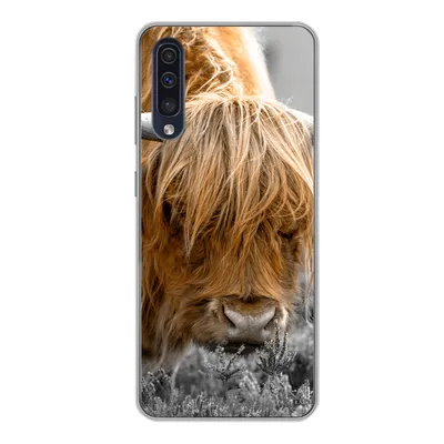 Produktbild von MuchoWow® Handyhülle Schutzhülle Hülle für Samsung Galaxy A50 Scottish Highlander - Pflanzen - Schwarz - Weiß Silikon Softcase Handy Hülle - Mobiltelefonhülle