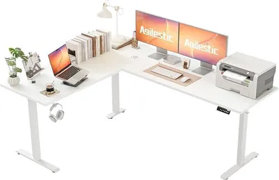 Productafbeelding van Hoogteverstelbaar hoekbureau 190 x 155 cm | Elektrisch verstelbaar L-vormig bureau, draagvermogen 80 kg, 3 geheugenstanden, computerbureau voor thuiswerken, wit